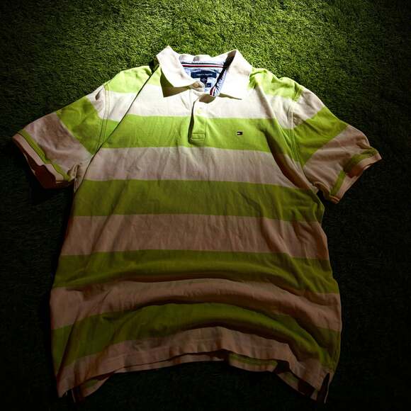 Tommy Hilfiger Men's Green and White Striped Short Sleeve Polo Shirt - Picture 1 of 3